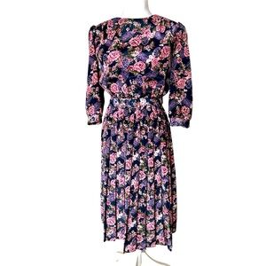 Vintage 1980s Pleated Floral Dress with Belt
